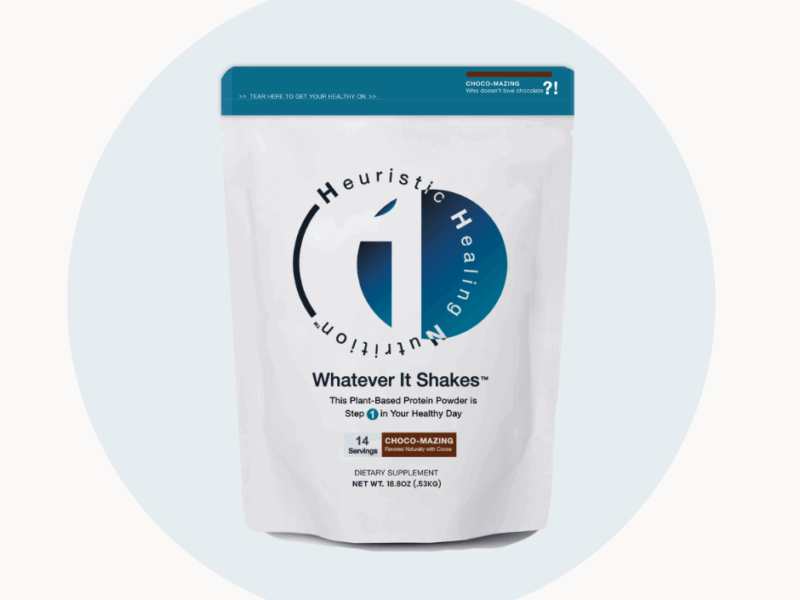 Heuristic Healing Nutrition Whatever It Shakes Choco-Mazing protein powder pouch with 14 cocoa-flavored servings.