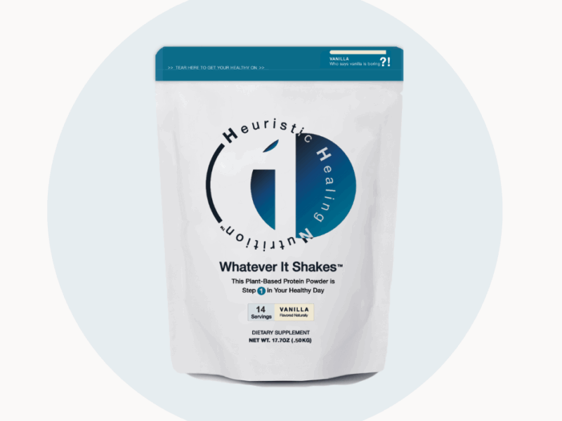 Heuristic Healing Nutrition Whatever It Shakes vanilla protein powder pouch with 14 servings.