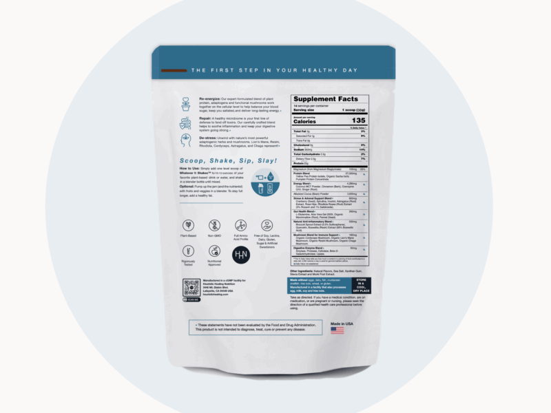 Back label of Heuristic Healing Nutrition’s Choco-Mazing vegan protein powder showing supplement facts, usage instructions, and ingredient highlights.
